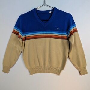 Vintage OP Sweater Child's Large Blue Tan Retro Stripe 80s Ocean Pacific EUC